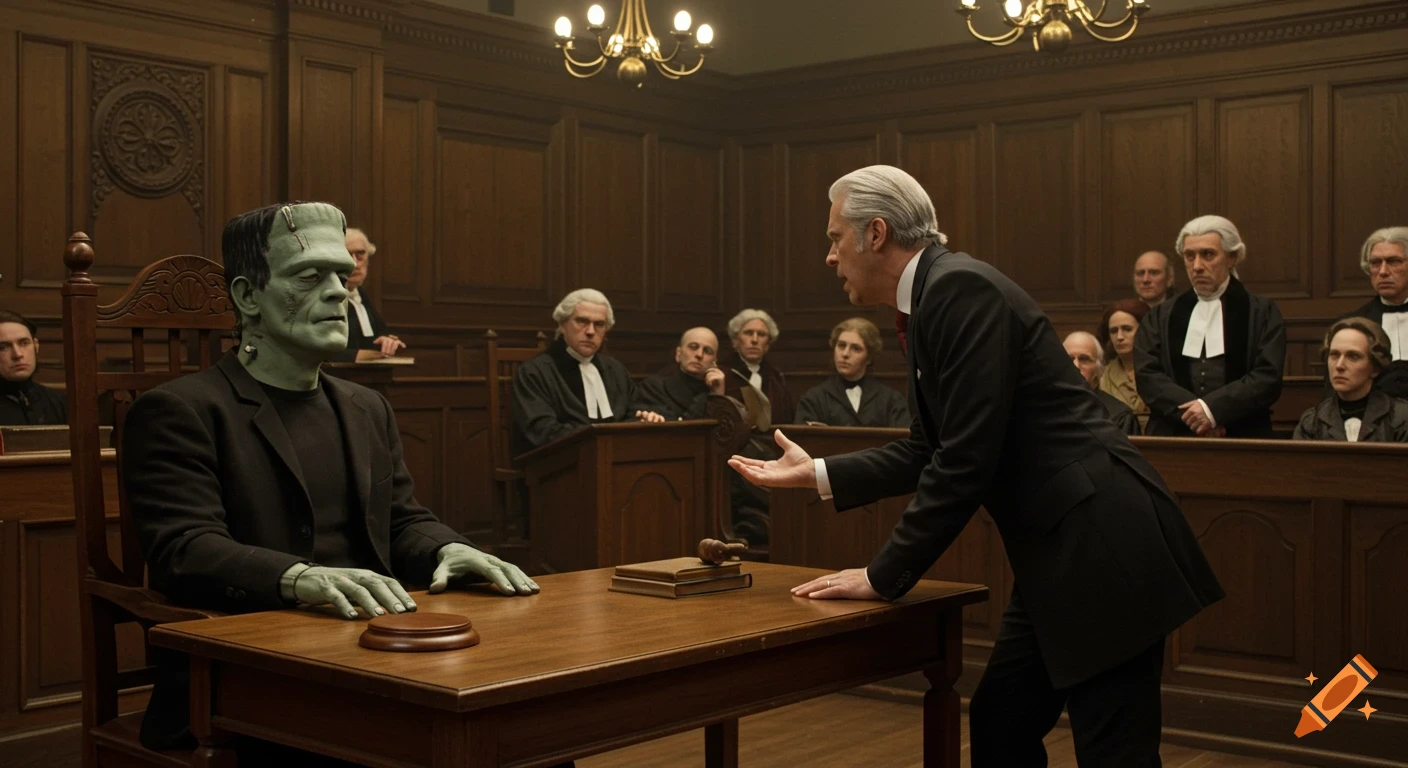 Frankenstein's monster, with green skin and stitches, sits at a defense table in a courtroom while a lawyer in a suit addresses him. Judges and an audience are in the background. Photorealistic style.