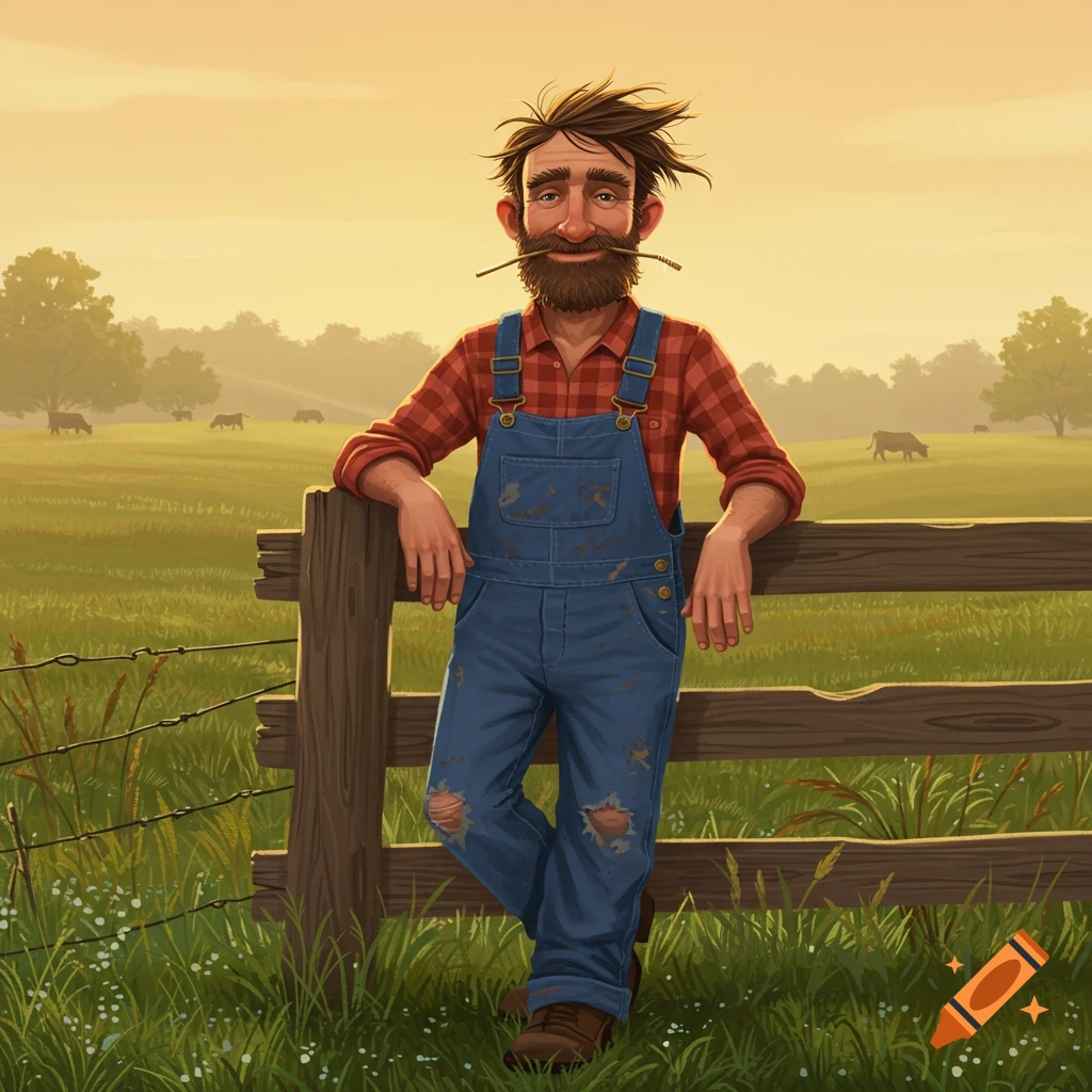 Cartoon illustration of a smiling farmer with a beard and messy hair, leaning on a wooden fence in a sunny field with cows grazing in the background.