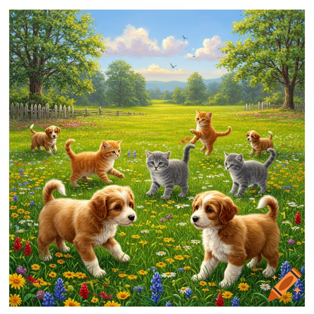 Cute puppies and kittens playing in a lush green meadow filled with colorful wildflowers under a bright blue sky.