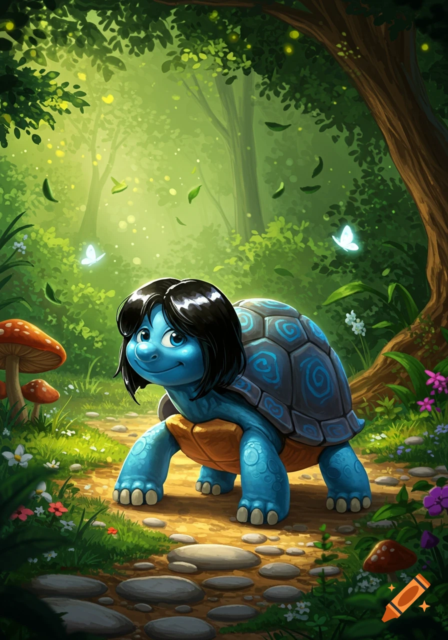 A cute blue cartoon turtle with a black wig walks on a stone path in a magical, sun-dappled forest with mushrooms.