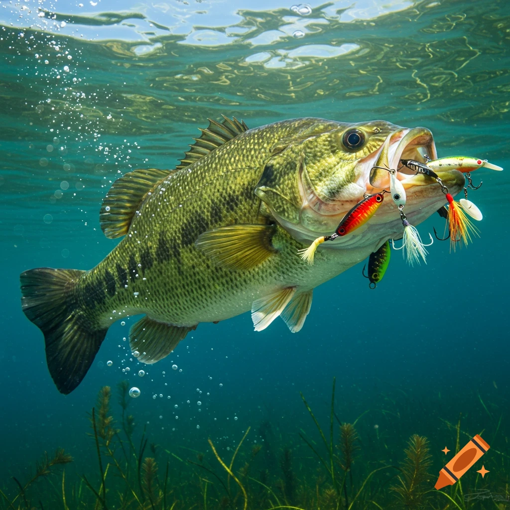 A largemouth bass swims underwater with its mouth full of colorful fishing lures, photorealistic.