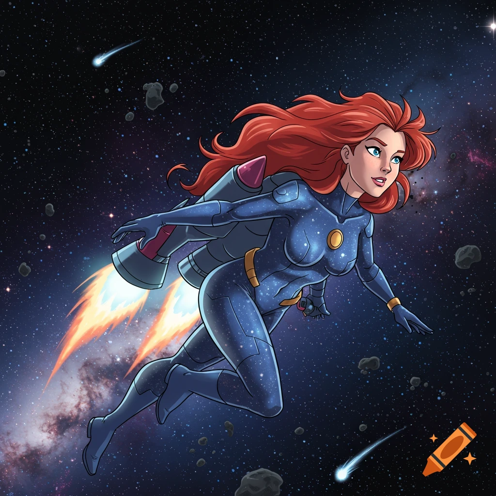 Cartoon superhero woman with red hair flying through space with a jetpack, surrounded by stars and asteroids.