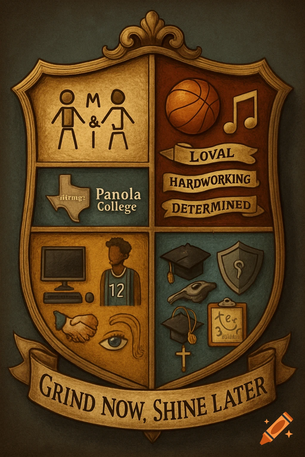 A decorative shield emblem with sections depicting stick figures, "M & I", a map of Texas with "Panola College", a basketball, musical note, banners reading "LOVAL", "HARDWORKING", "DETERMINED", a computer, a person in a jersey with '12', a handshake, an eye, graduation caps, a shield, a cross, a clipboard, all above a banner reading "GRIND NOW, SHINE LATER".