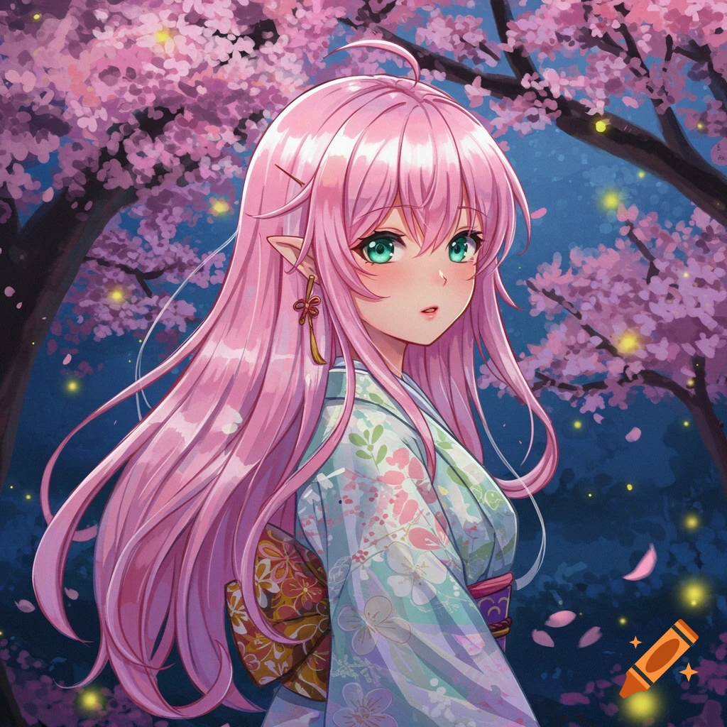An anime elf girl with long pink hair and green eyes wears a kimono, standing under blooming cherry blossom trees at night with fireflies.