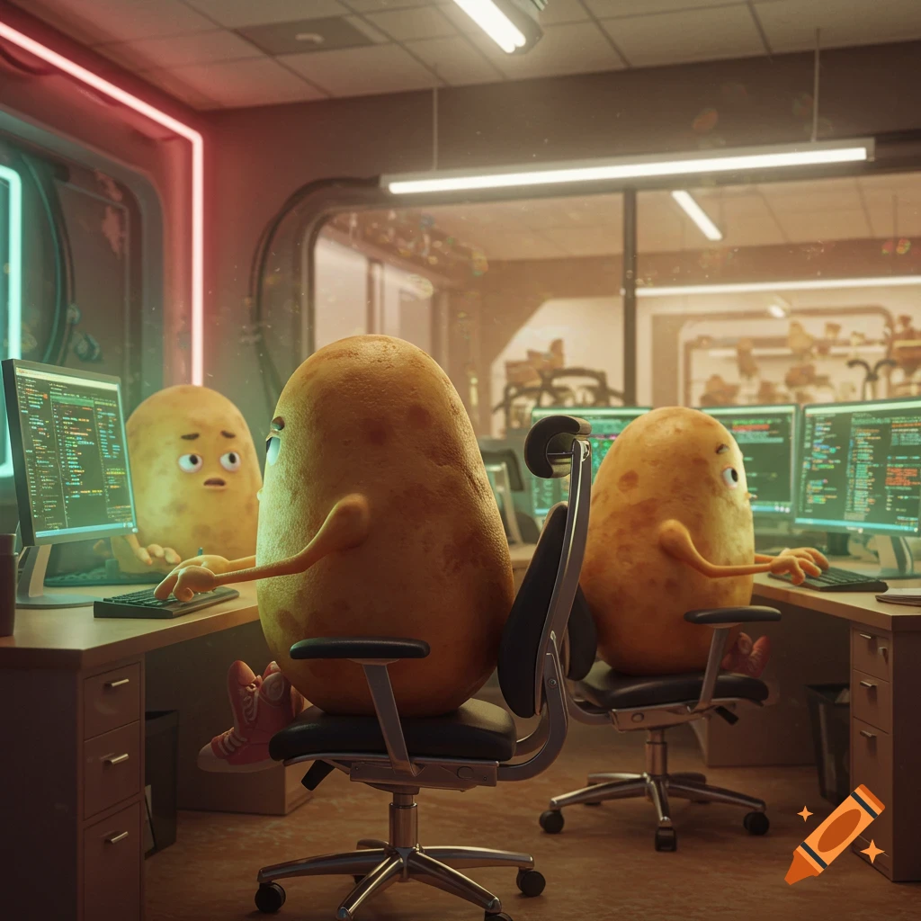Three cartoon potatoes work on computers displaying code in a futuristic office. One potato looks surprised.