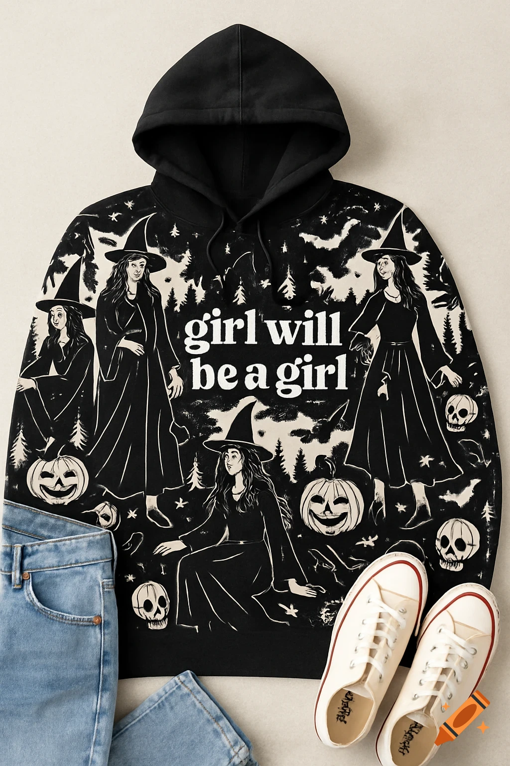 Black hooded sweatshirt with a white illustration of witches, pumpkins, and skulls, with text "girl will be a girl." Jeans and sneakers are beside it.