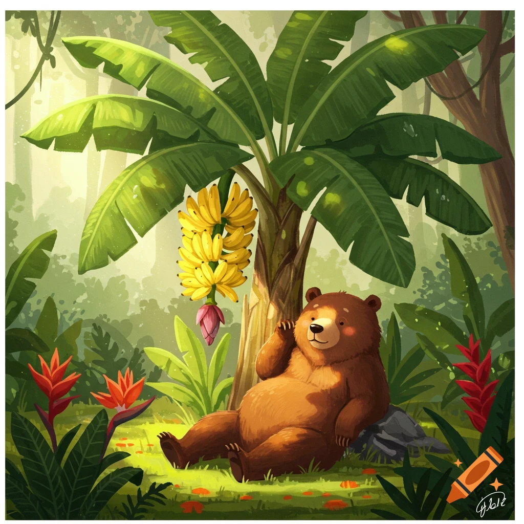 A cute brown cartoon bear sitting relaxed under a banana tree in a lush green jungle with tropical flowers.