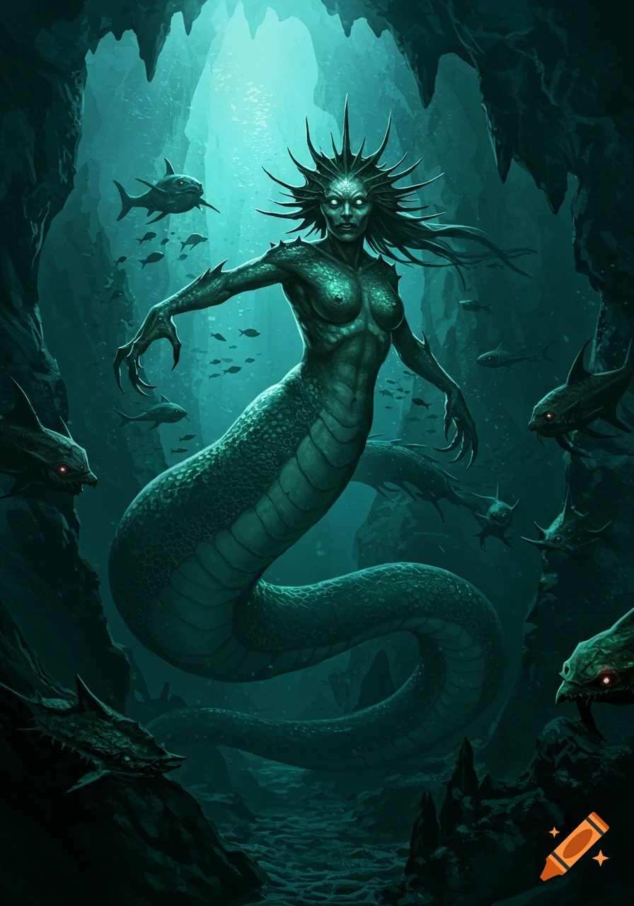 A monstrous, green-scaled mermaid-like creature with glowing eyes and spiky hair in a dark underwater cave filled with eerie fish. Dark fantasy art.