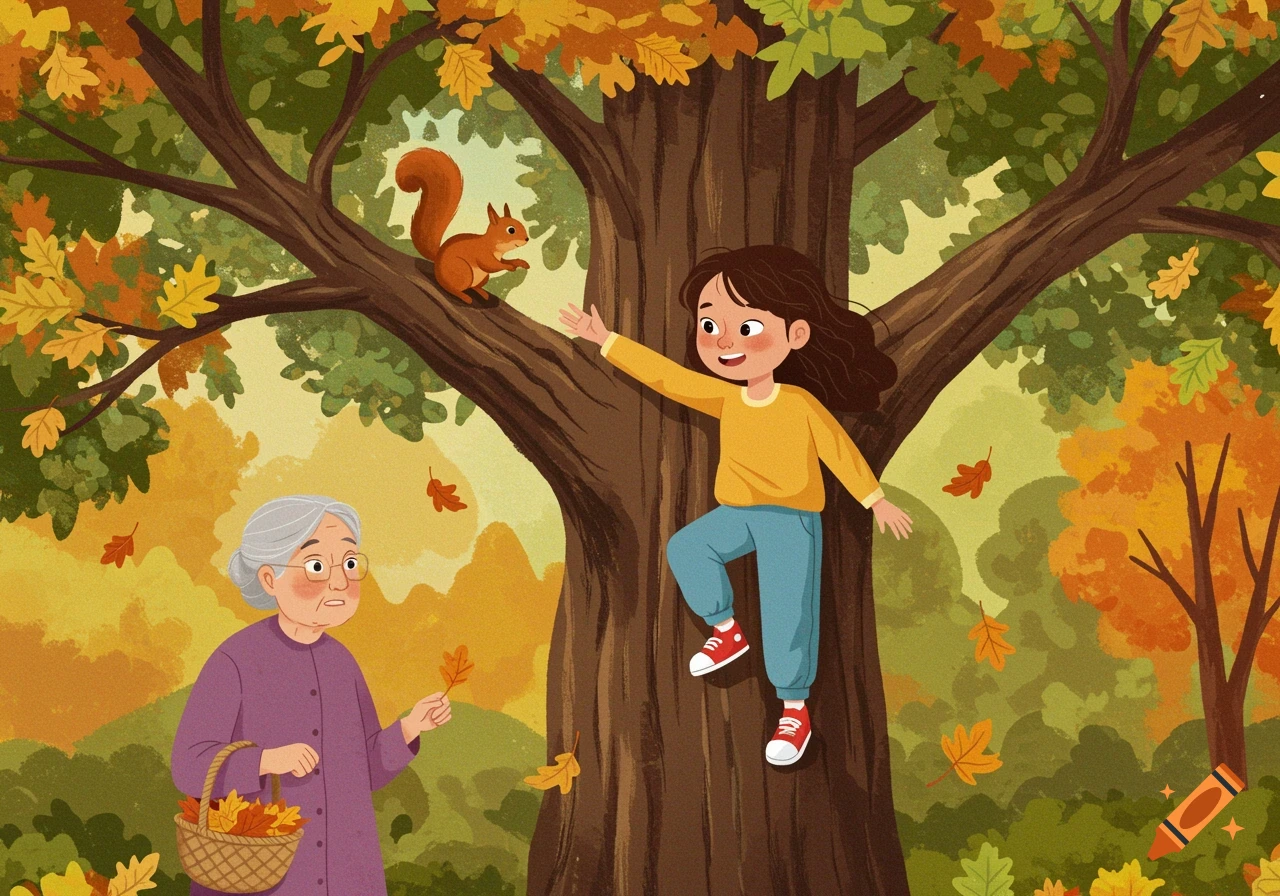 A cartoon illustration of a young girl on an oak tree, reaching for a squirrel, while her grandmother collects autumn leaves below.