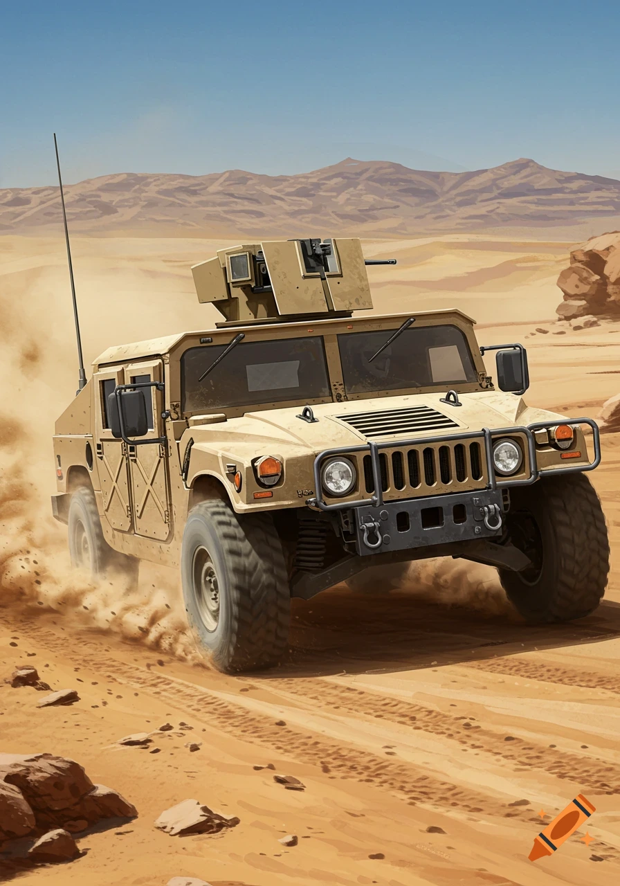 An illustrated tan military Humvee with a mounted gun drives through a dusty desert.