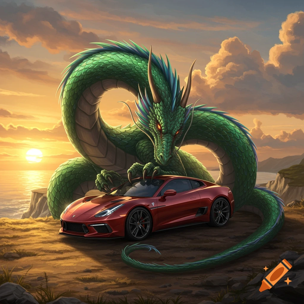 A vibrant green dragon rests its claw on a red sports car on a cliff overlooking the ocean at sunset, in a digital art style.