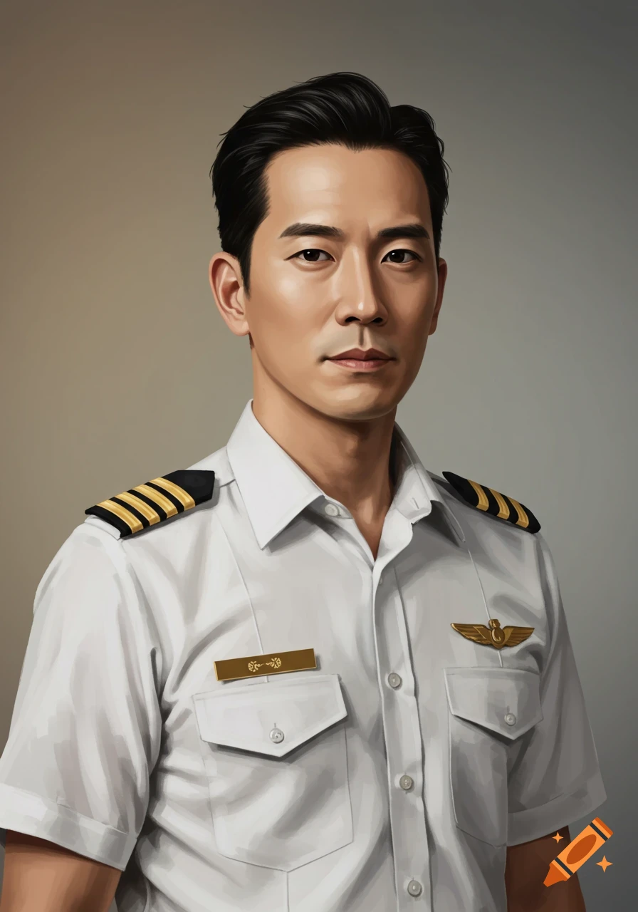 A serious-looking man in a white short-sleeve pilot's uniform with gold epaulets and a wings badge.