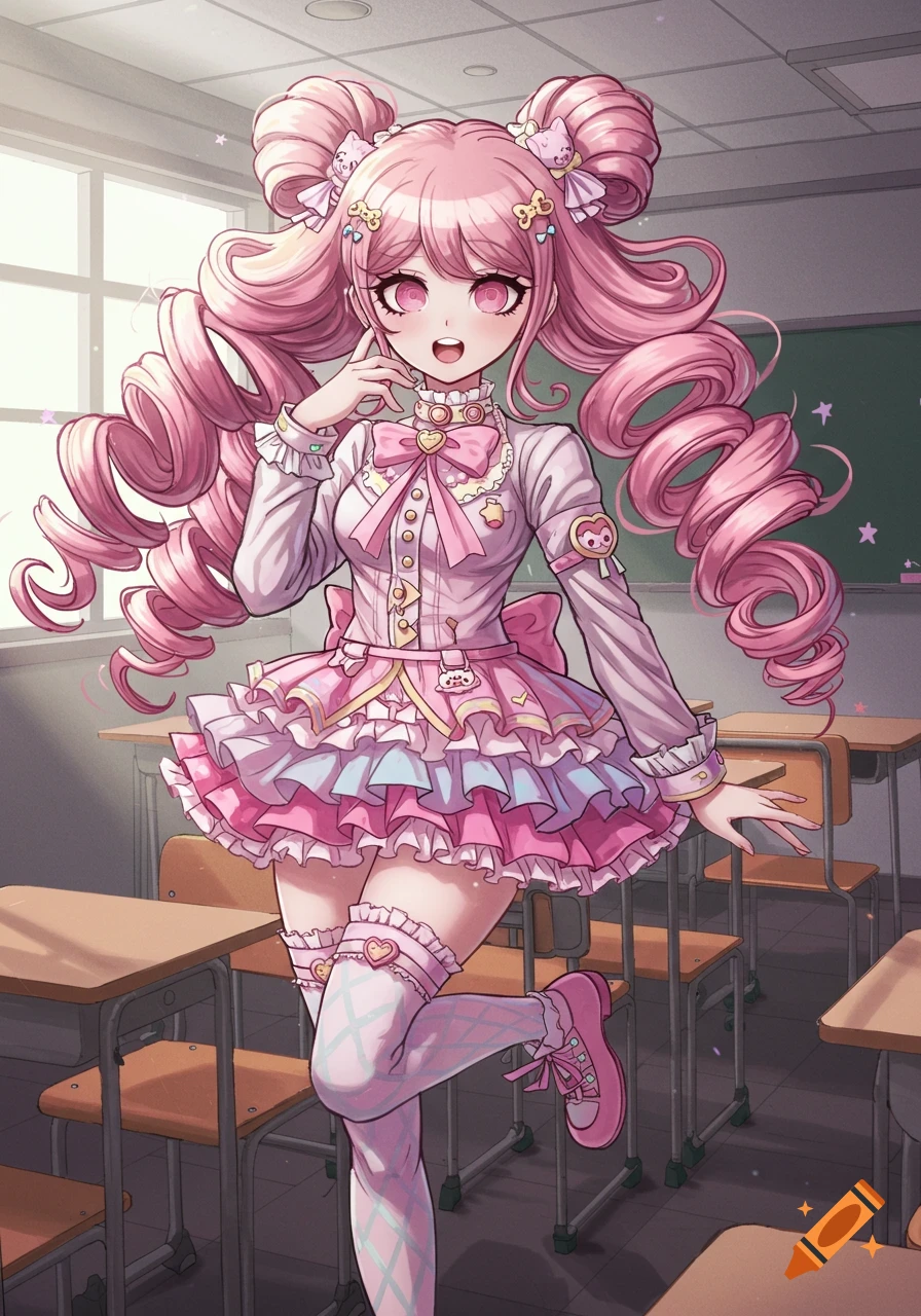 A cute anime girl with pink pigtails and a frilly dress smiles in a classroom.