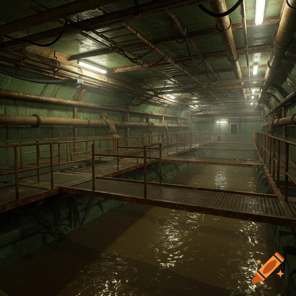 Dark, photorealistic image of a vast, grimy sewer labyrinth with rusty metal walkways over still brown water, illuminated by overhead lights.