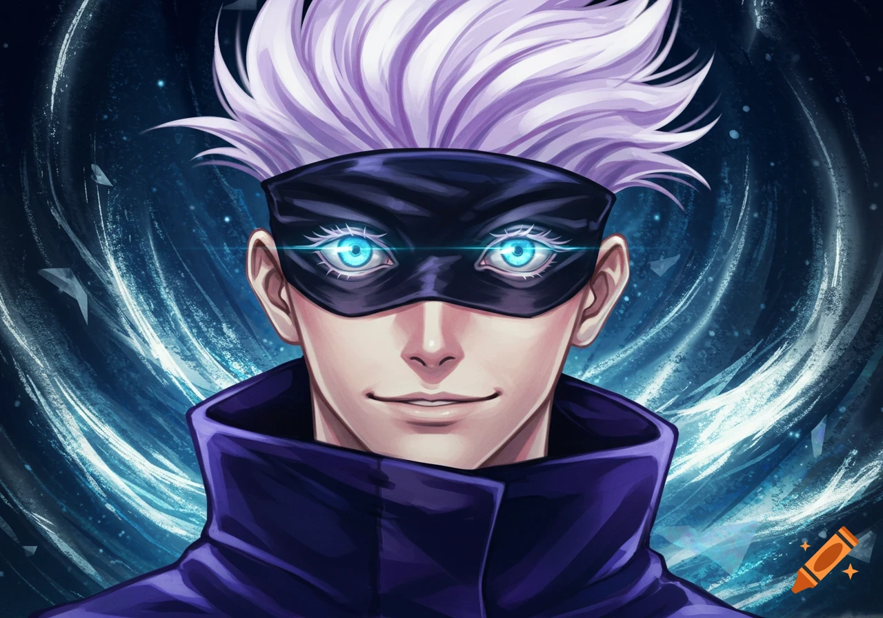 Close-up anime illustration of Gojo Satoru with spiky white hair, a black blindfold showing glowing blue eyes, and a purple collar, against a swirling blue background.