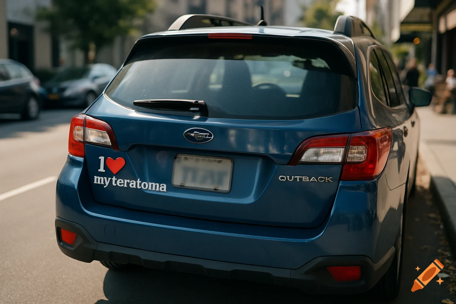 Rear view of a blue Subaru Outback with an 'I ❤️ my teratoma' bumper sticker, parked on a street.