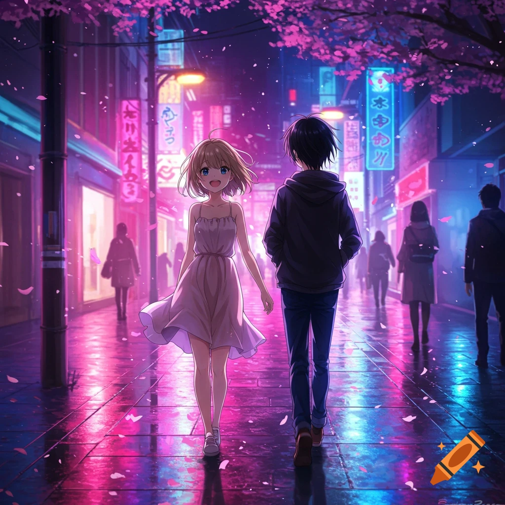 Anime girl and boy walking down a neon-lit city street at night with falling cherry blossoms.