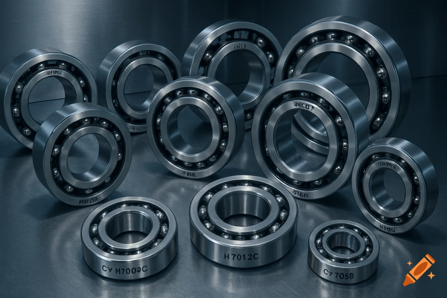 A close-up shot of multiple silver-colored ball bearings of various sizes resting on a brushed metal surface, reflecting light.
