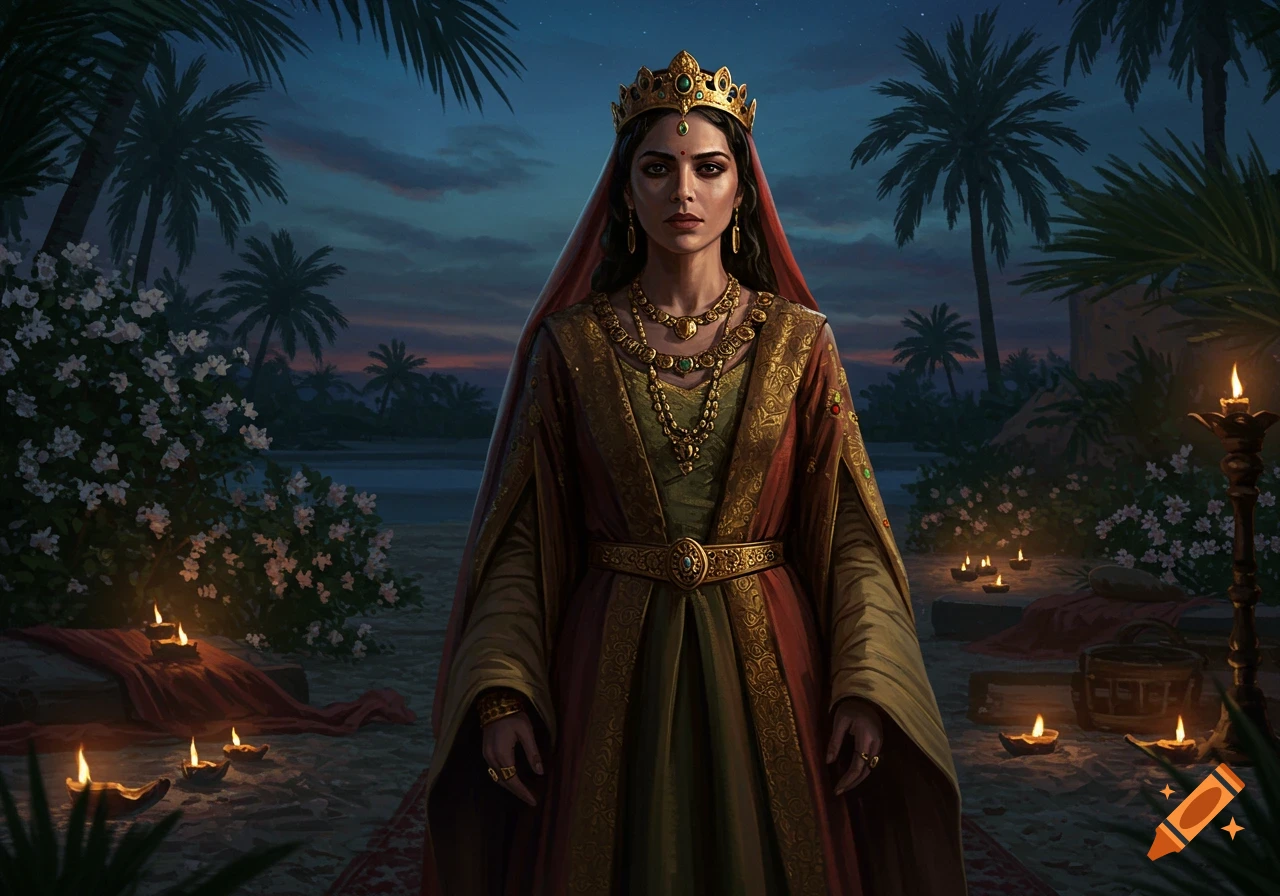 A majestic queen with a golden crown and elaborate jewelry stands regally in a richly detailed, traditional gown amidst palm trees and white flowers at dusk, with candles illuminating the scene.