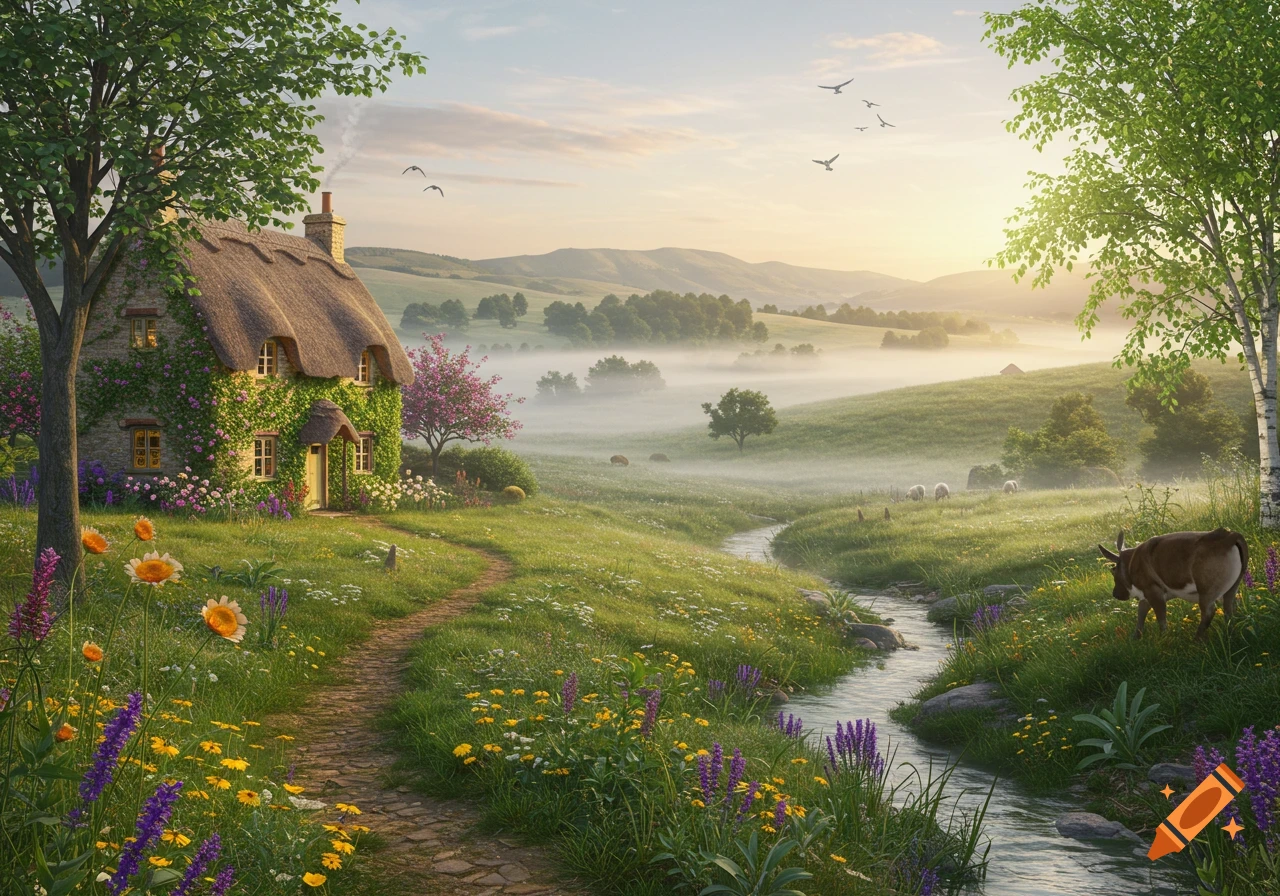 A vibrant, sunlit, misty landscape features a charming ivy-covered thatched cottage, a winding stream, a cow, sheep, and wildflowers.