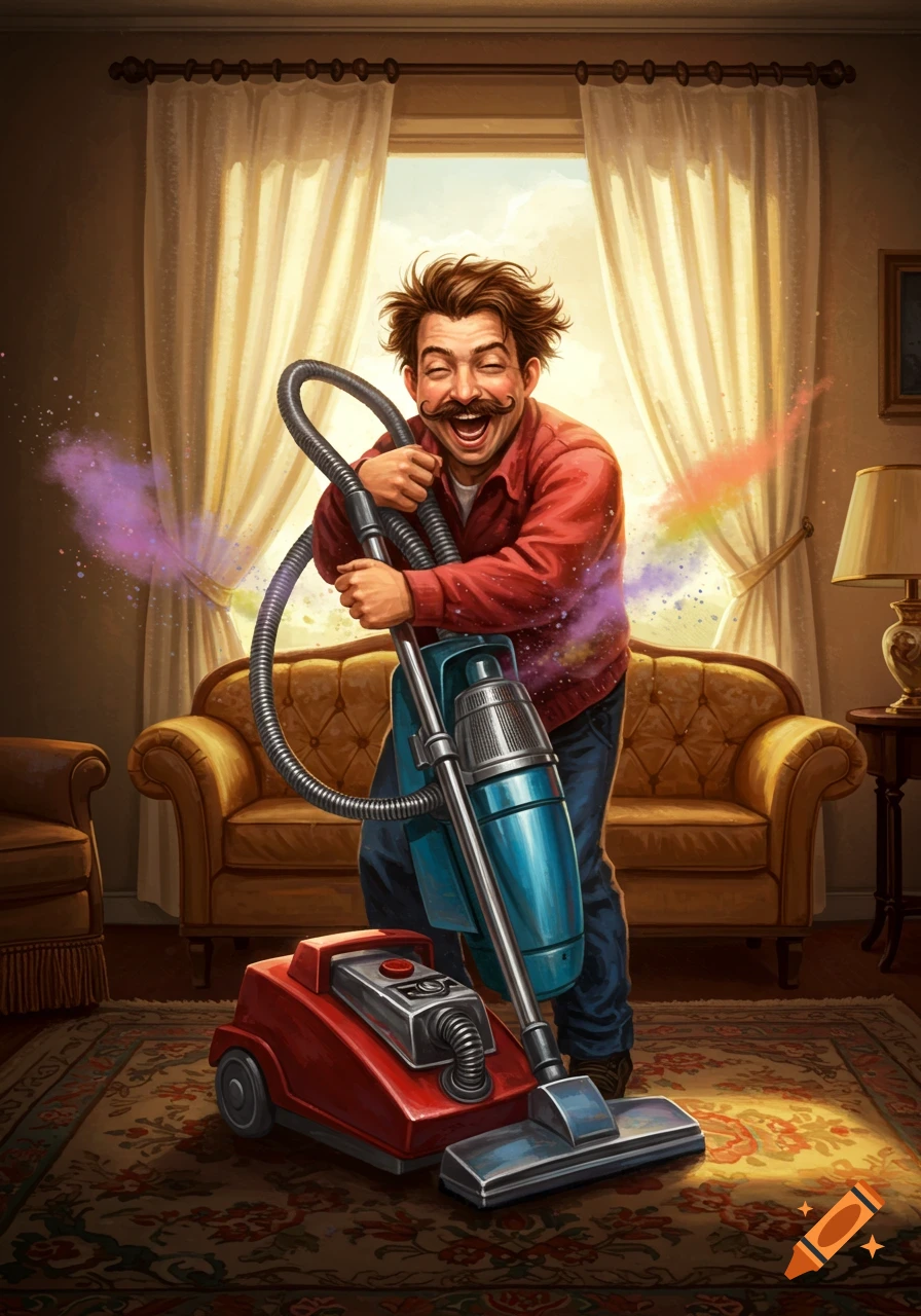 Stylized illustration of a laughing man with messy hair hugging a vacuum cleaner in a living room, with colorful dust.