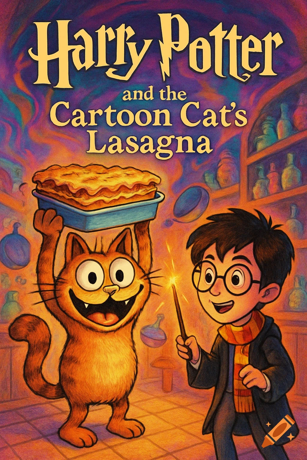 A colorful book cover illustration showing Harry Potter with a glowing wand next to a smiling cartoon cat holding a pan of lasagna.