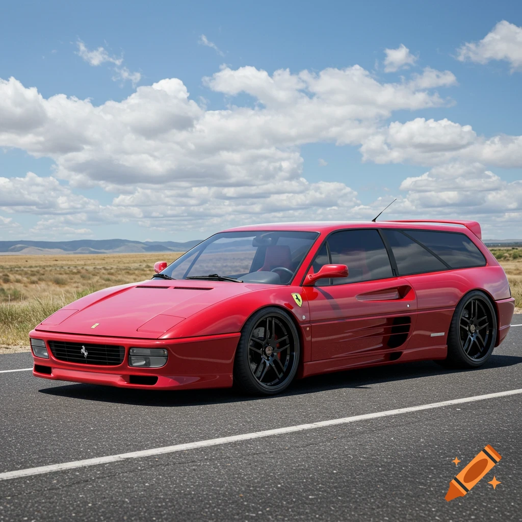 A striking red Ferrari F-40 shooting brake drives on an open road under a blue sky with fluffy clouds.
