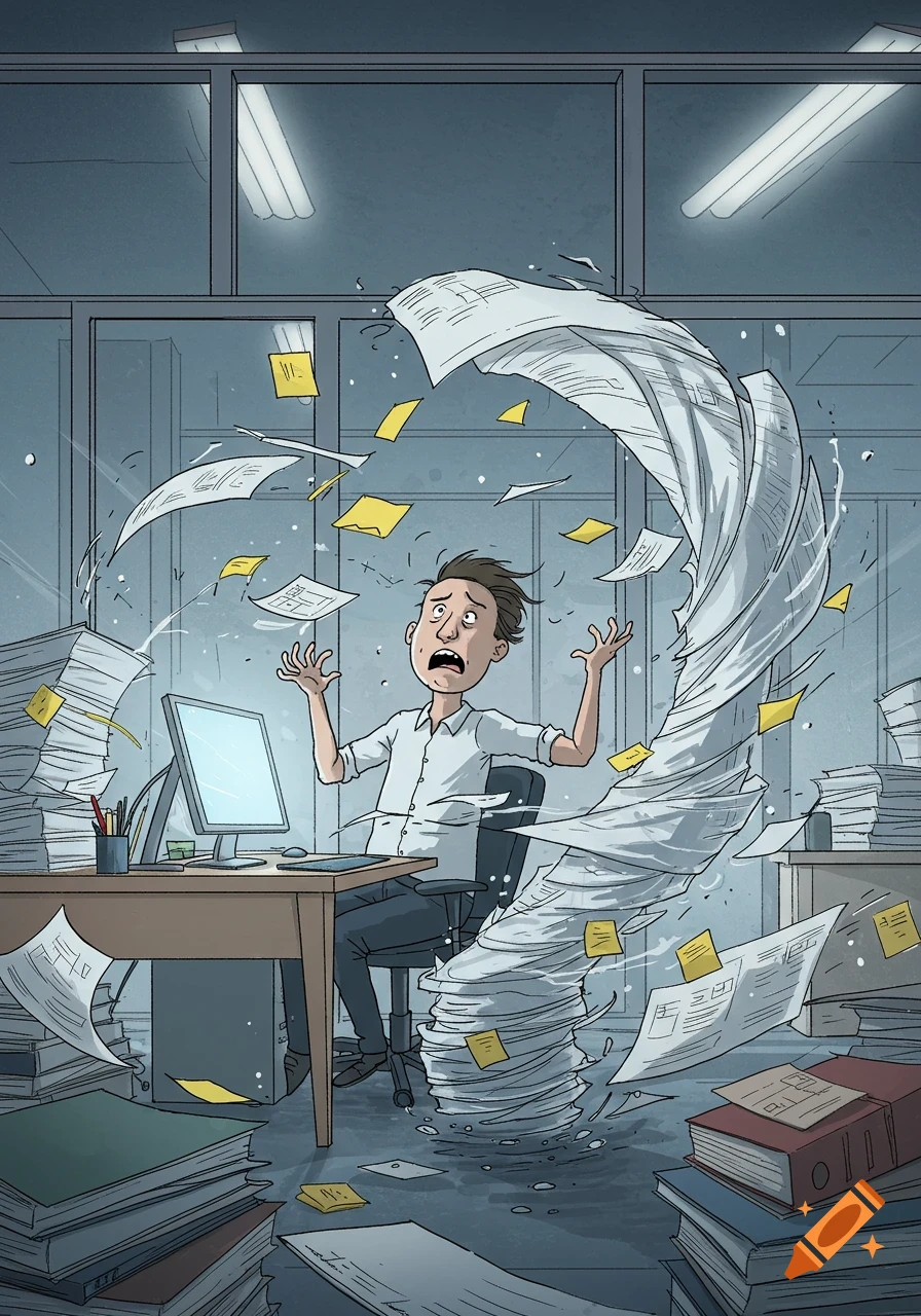 Cartoon illustration of a stressed office worker overwhelmed by swirling paperwork in a messy office.