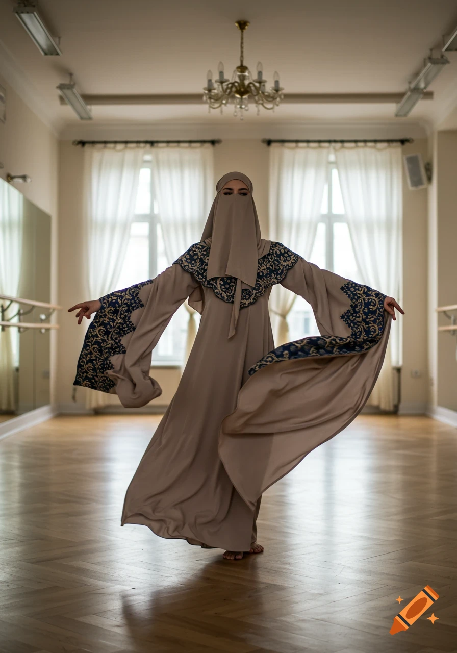 A woman in a flowing beige burqa with blue and gold embroidery dances in a well-lit room with hardwood floors and large windows.