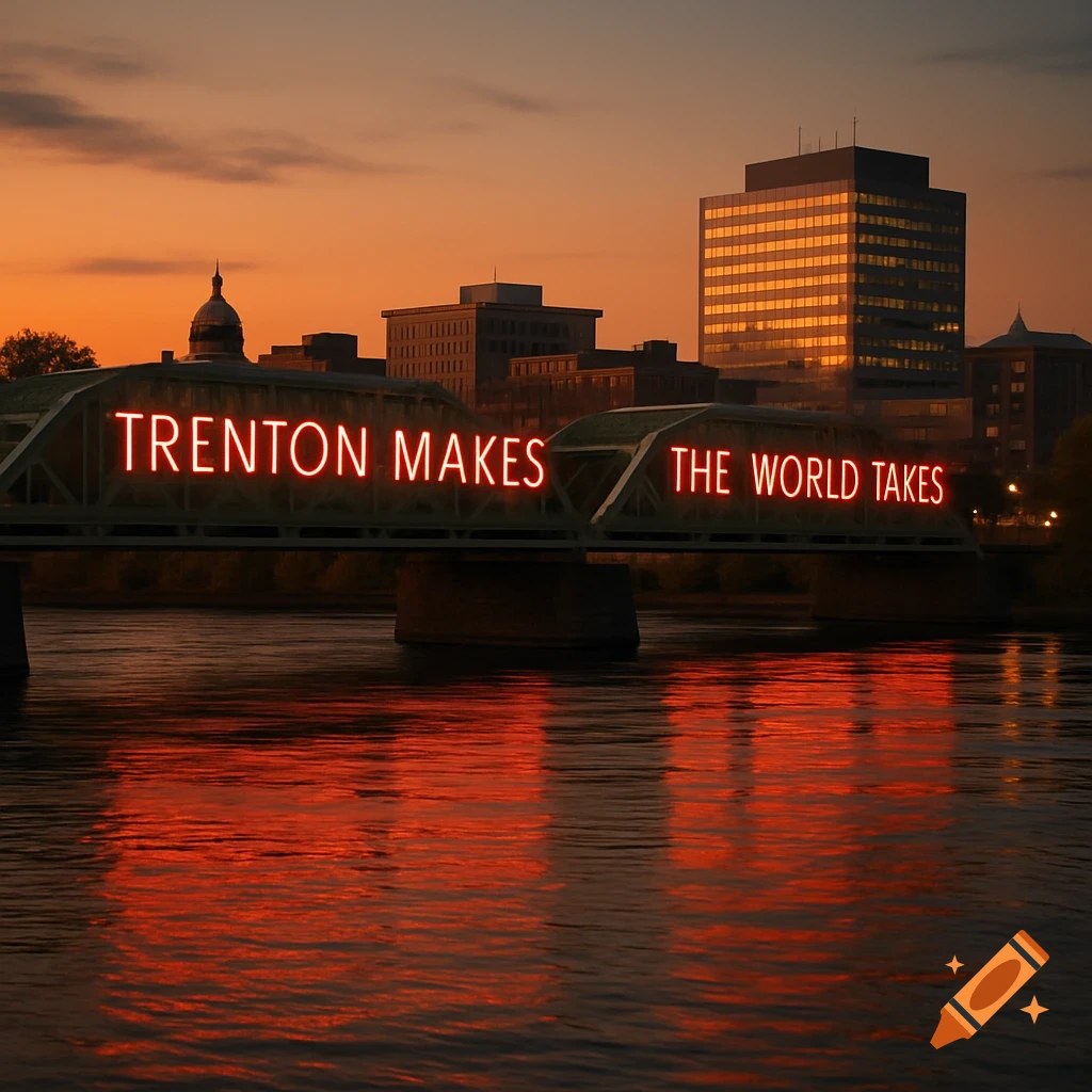 Photorealistic image of the Trenton Makes the World Takes bridge over a river, city skyline in background, at sunset.