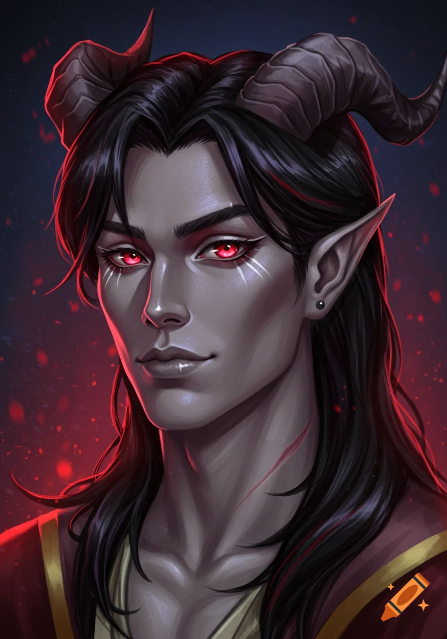 Digital painting of a tiefling male with grey skin, red glowing eyes, horns, long dark hair, a neck scar, and pointed ears, set against a fiery red background.