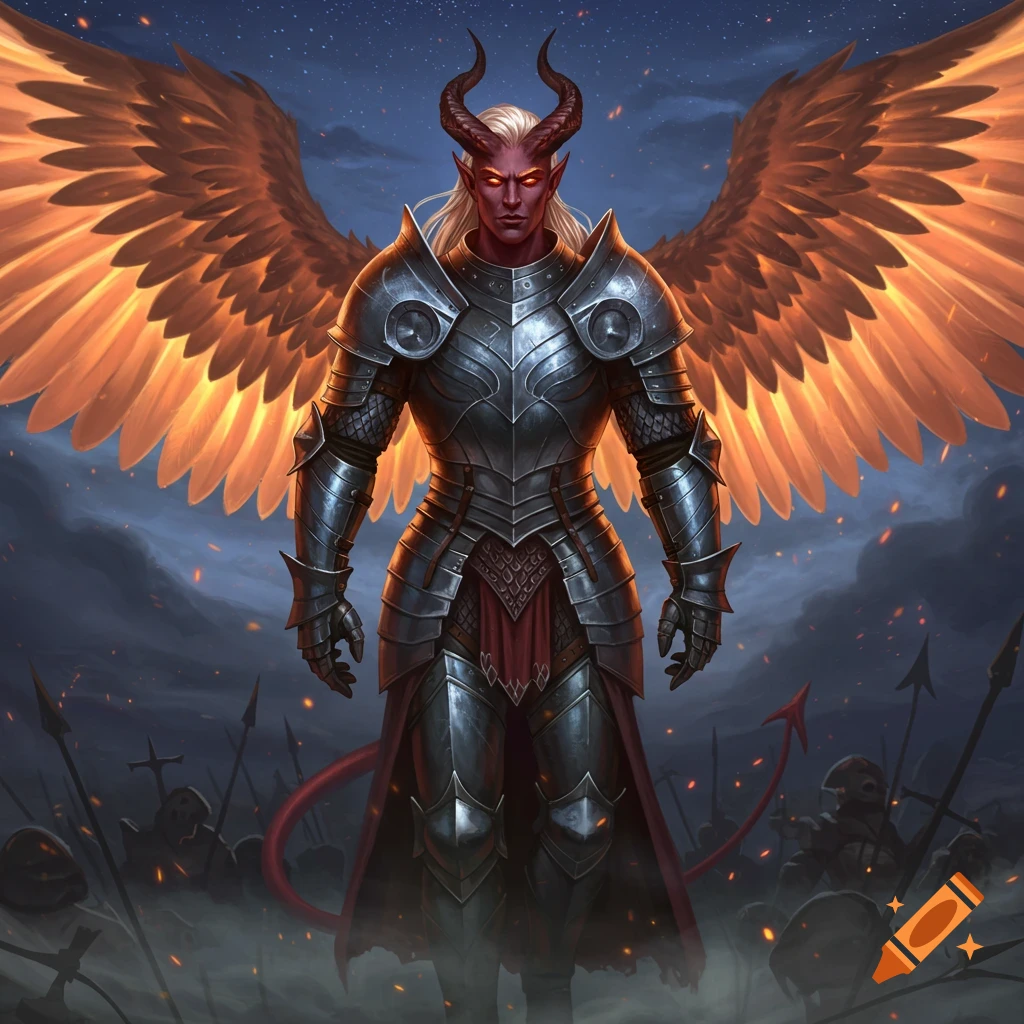 A red-skinned demonic figure with horns, glowing eyes, and fiery wings, clad in elaborate plate armor, stands on a smoky battlefield.