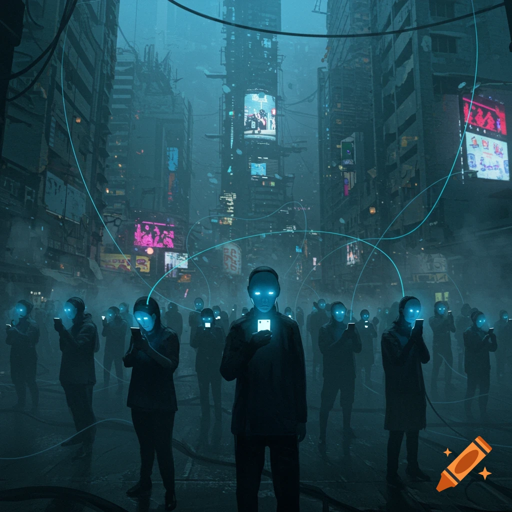 Dark, dystopian cityscape filled with people with glowing blue eyes and faces, all engrossed in glowing cellphones, connected by energy lines.