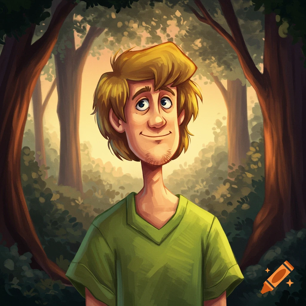 A stylized cartoon portrait of Shaggy from Scooby-Doo, smiling in a vibrant forest, looking upwards.