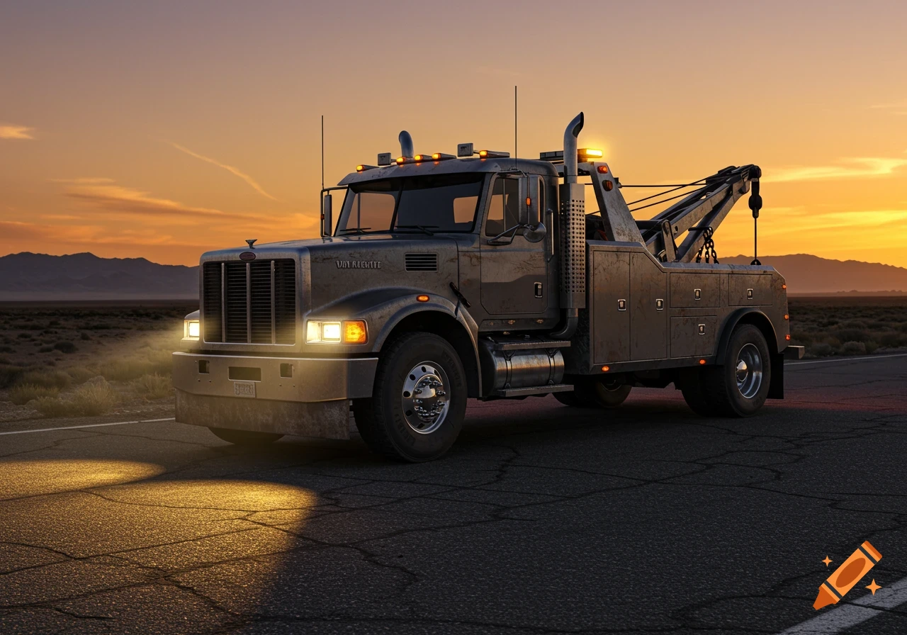 A photorealistic dark grey tow truck with headlights on, parked on a cracked road at sunset with mountains in the background.