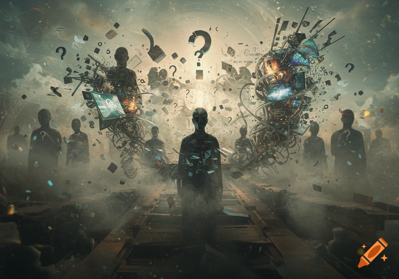 Silhouetted figures stand in a foggy, chaotic landscape filled with question marks, wires, glowing screens, and fragmented data, depicting misinformation in a dark, futuristic style.