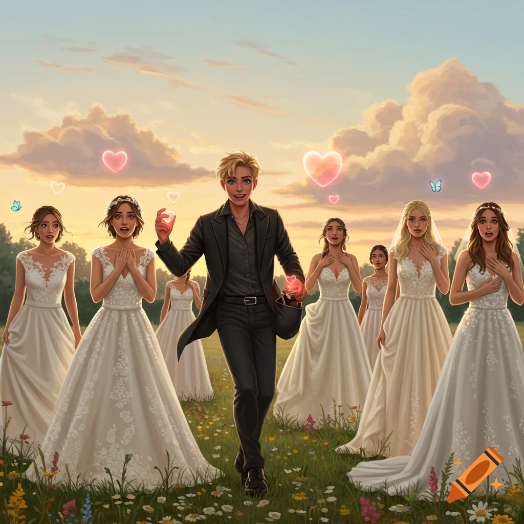 Digital illustration of a blonde man surrounded by women in wedding dresses in a flower field, with glowing hearts floating around.