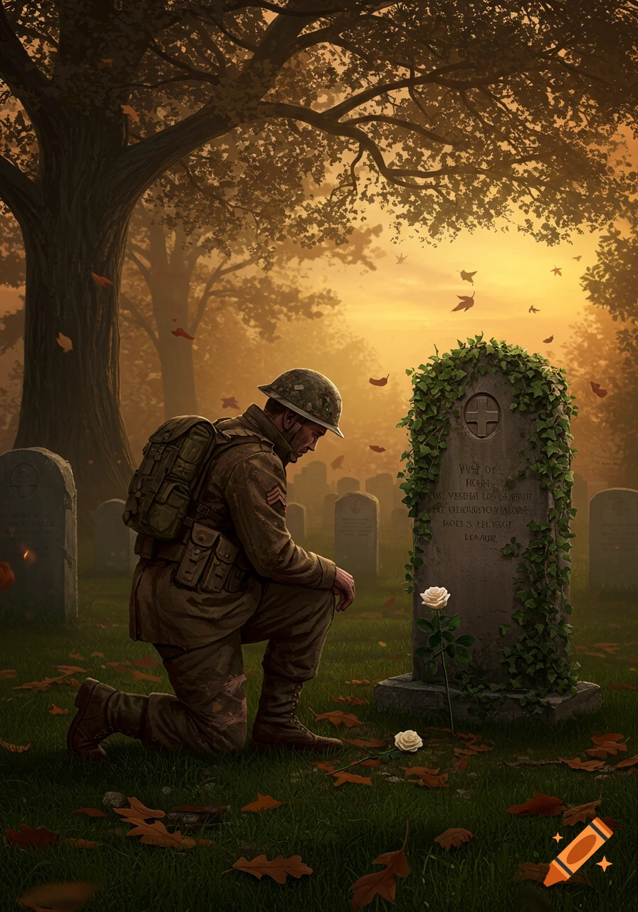 A soldier kneels solemnly before a vine-covered gravestone in a cemetery at sunset, with autumn leaves falling.