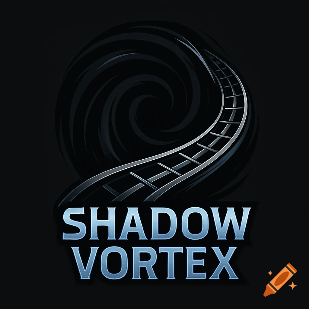 A dark, stylized logo for 'Shadow Vortex' featuring a rollercoaster track curving into a swirling dark vortex on a black background.