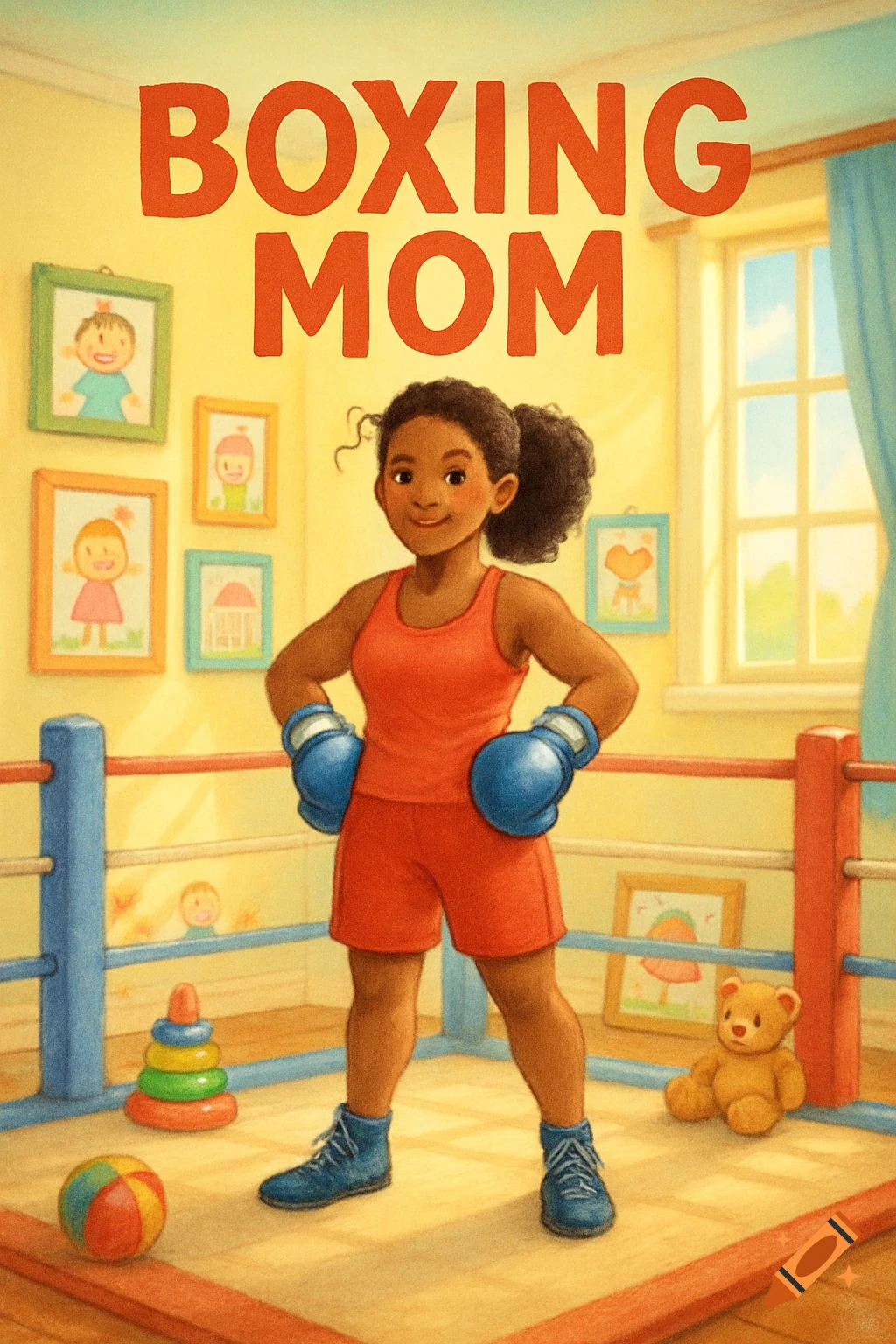 Cartoon illustration of a smiling Black woman in boxing gear in a children's boxing ring, with 'BOXING MOM' text.