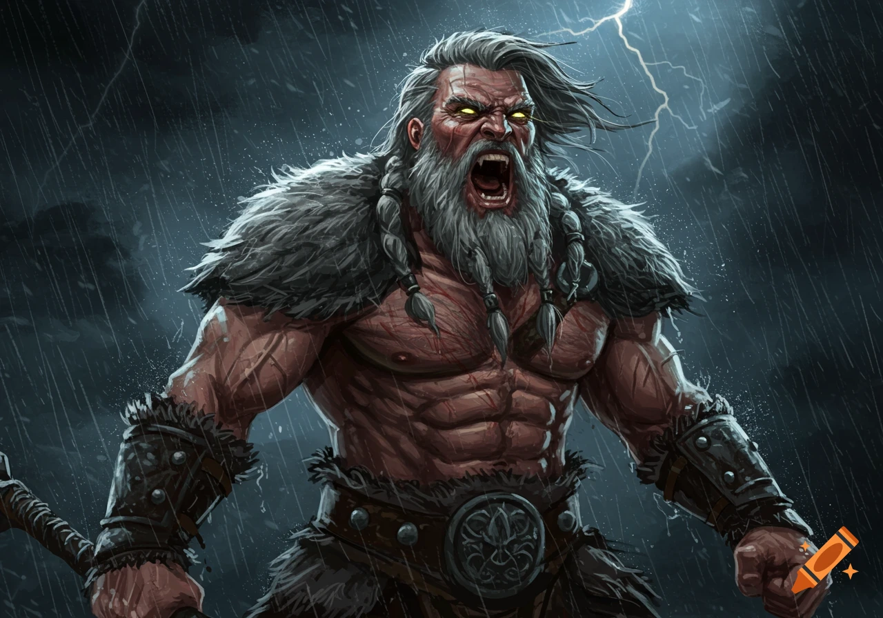 A muscular, grey-bearded warrior with glowing eyes roars in a stormy, rainy night, holding an axe. Fantasy art.