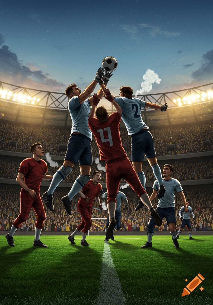 Illustrated scene of football players jumping for the ball in a stadium, with a large crowd in the background.
