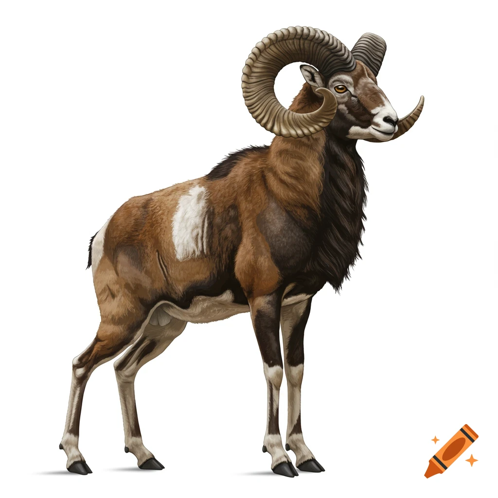 An illustration of a mouflon with large curled horns and brown and white fur, standing on a white background.