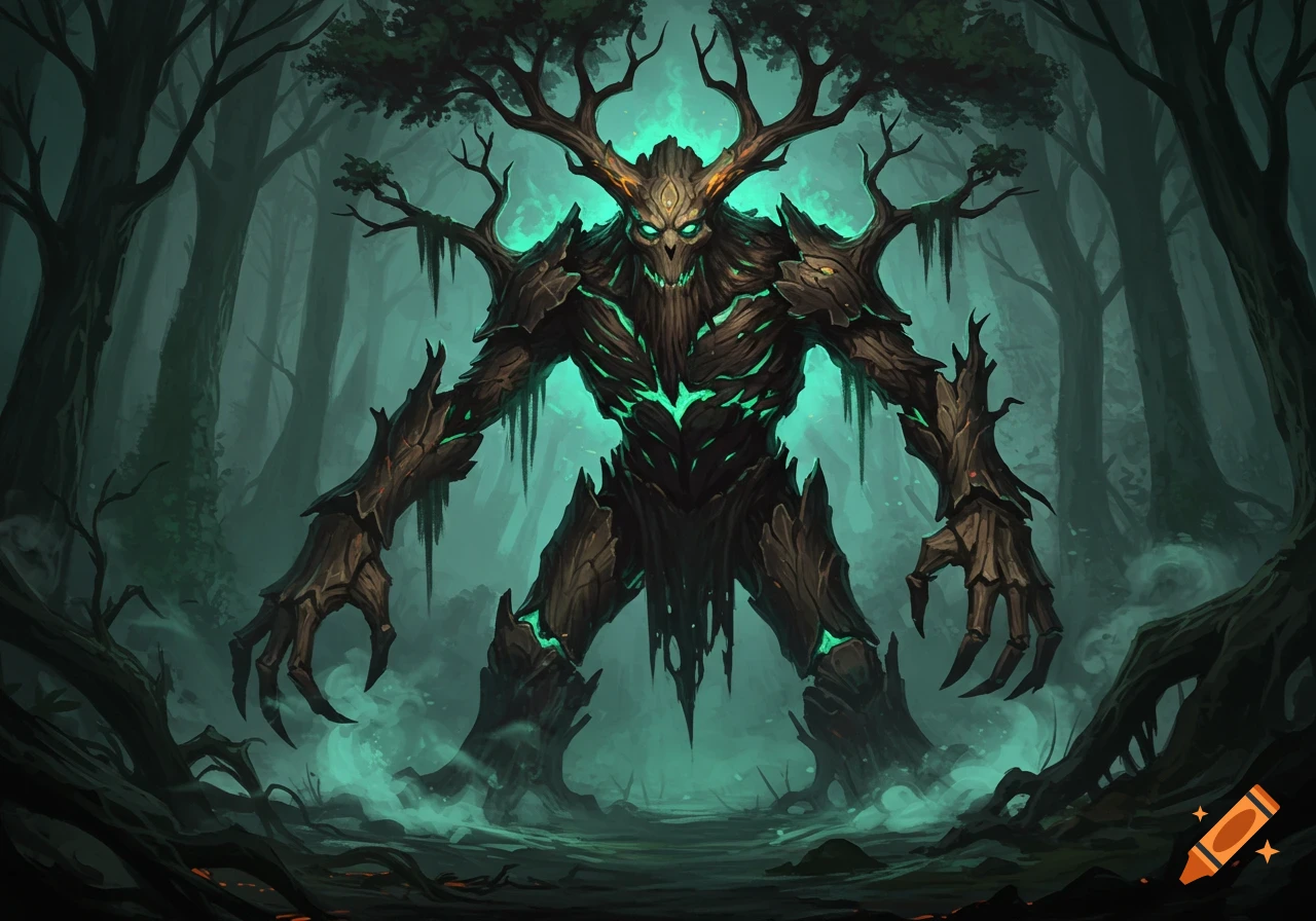 A towering, gnarled dark ent, a twisted tree creature with glowing green veins and eyes, stands in a shadowy, foggy forest.