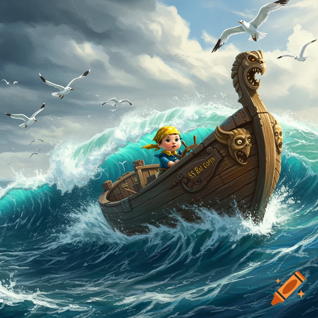 A cartoon child in a yellow bandana pilots a wooden boat with gargoyle carvings through massive, turbulent blue waves, with seagulls flying overhead.