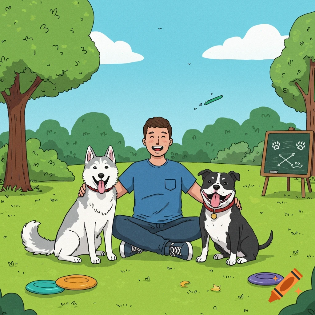 A happy man sits cross-legged in a cartoon park with a husky and an American Bully, with a blackboard in the background.