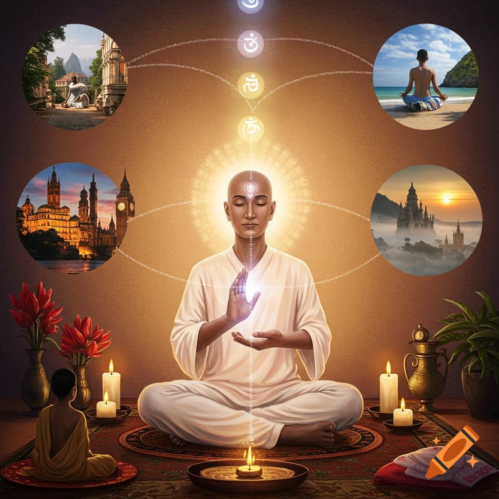 A bald person in a white robe meditates, surrounded by glowing chakra symbols and circular insets depicting various global landmarks and natural landscapes, in a warm, candlelit room.