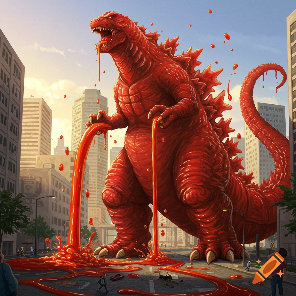 A giant red Godzilla-like monster pours ketchup onto a city street, with fleeing people.
