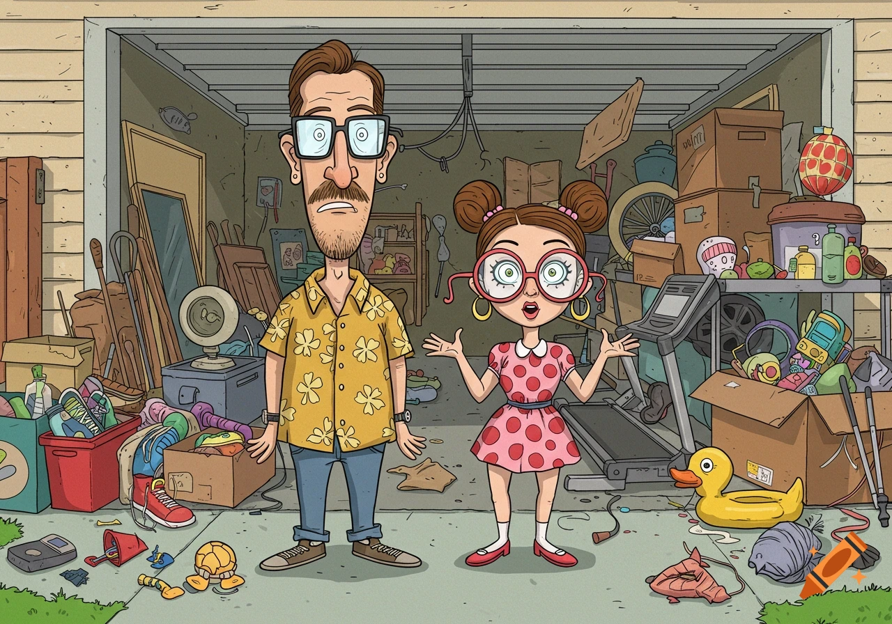 A cartoon man and a girl with big glasses stand in a very messy garage, surrounded by boxes and various items.