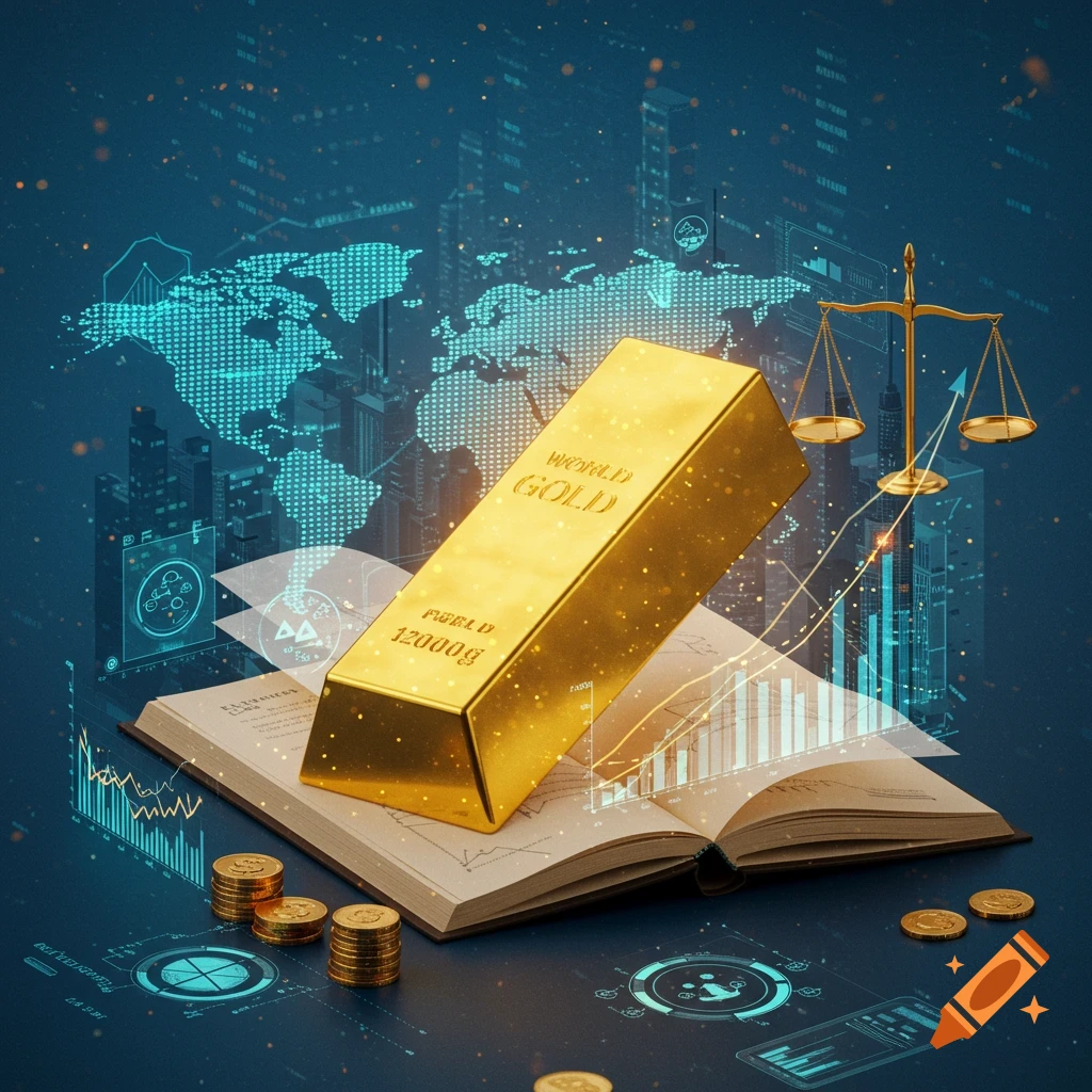 A large gold bar rests on an open book, surrounded by glowing digital world maps, cityscapes, financial charts, scales of justice, and gold coins, illustrating global finance and law.